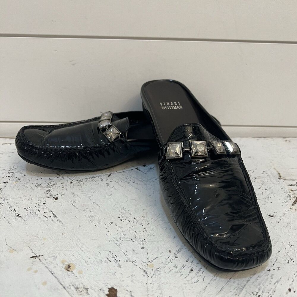 Stuart Weitzman Black Patent  Leather Jewel Embellished  Slip On Loafer Size 8M